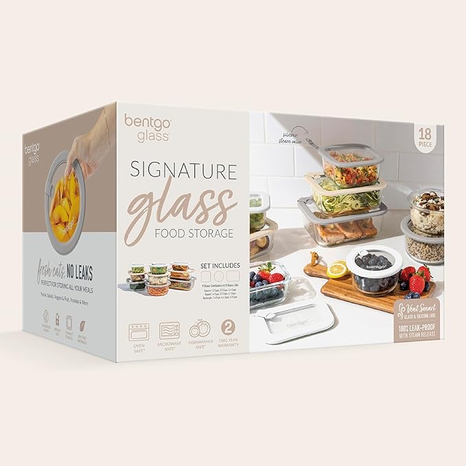 Bentgo Signature Leak-Proof Glass Food Storage - 18-Piece Set, 1-Compartment Plastic-Free Containers with Airtight Glass Lids, BPA-Free, Microwave, Freezer, Oven & Dishwasher Safe (White Stone)