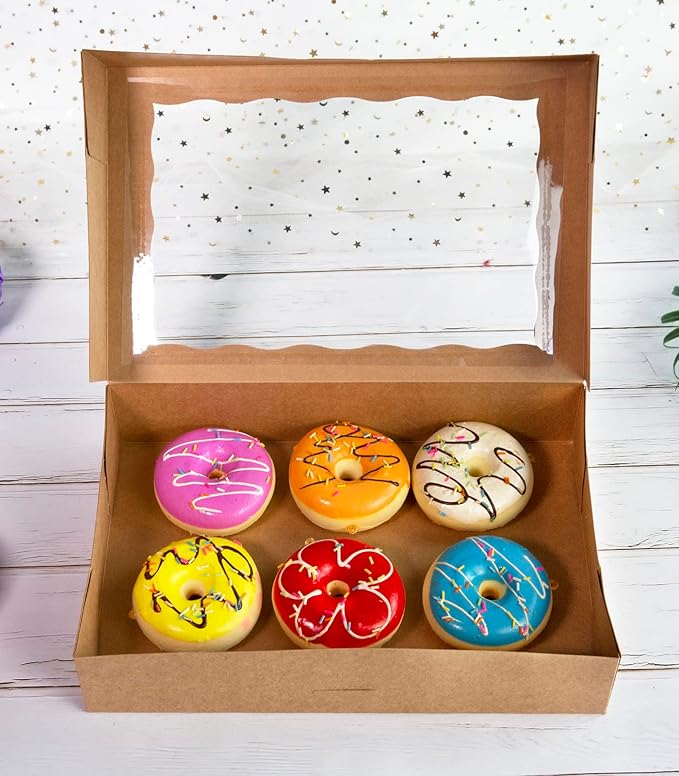 8-Pack Brown Pastry Box12x8x2.5inch,Large Bakery Cookie Box for Donuts,Muffins with Window Lid - Auto-Pop up Paper Box Doughnut Cardboard Chocolate Strawberries Treat Boxes,Pack of 8