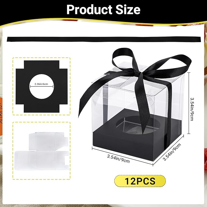 EUSOAR Clear Cupcake Boxes, 12pcs 3.5 Inch Plastic Individual Cupcake Containers Holder Storage for Cake, Single Transparent Cupcake Carrier with Ribbon and Inserts for Wedding Party-Black