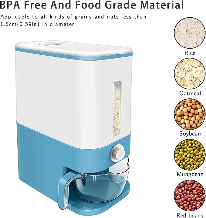 22-25 Lbs Rice Dispenser, Large Cereal Dry Food Storage Containers with Measuring Cup,BPA-Free Household for Kitchen Pantry Organization-Blue