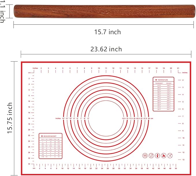 Wood Rolling Pin for Dough, Vinoil French Rolling Pins for Baking with Slicone Baking Mat Set, Dough Roller for Baking Fondant Pizza Pasta Pies Cakes Bread and Cookies, 16 Inch Rosewood