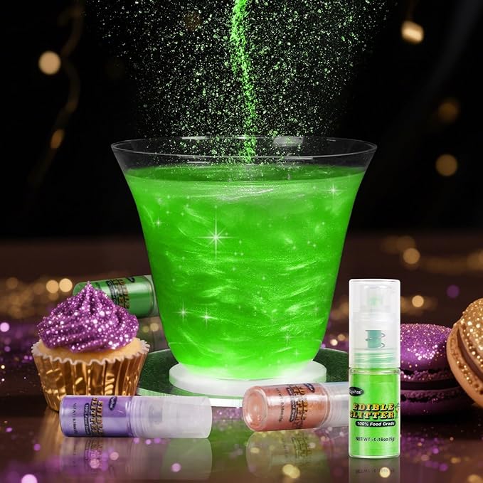 Green Edible Glitter Spray 5g, Shimmer Edible Glitter for Cocktails, Food Grade Luster Dust for Beverages & Cake Decorating, Drinks, Baking, Chocolate