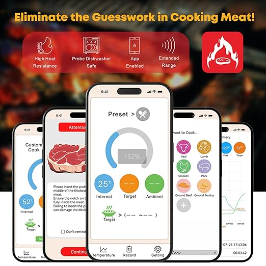 Wireless Meat Thermometer with Bluetooth & WiFi, Digital Meat Probe for Grilling, Smoking, and Oven Roasting, Dual Probe & Smart Alerts for Accurate Temperature Monitoring for BBQ & Smoker