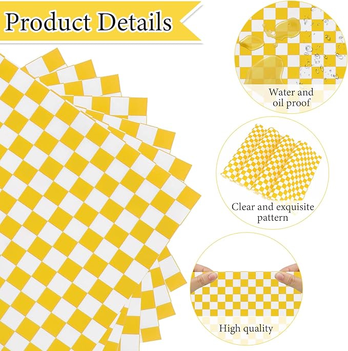 200 Pcs Wax Paper Sheets for Food Deli Wrap Paper Sheets 8.5x8.5"Food Basket Liners Checkered Square Sandwich Wraps for Burgers Bread Restaurant Barbecue Picnic(Yellow)
