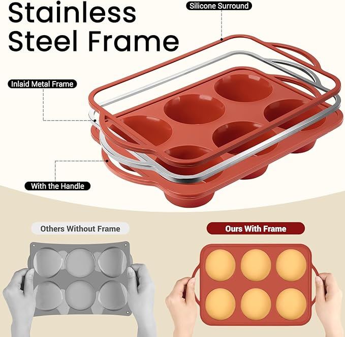 JOERSH 2 Pack Jumbo Muffin Pan with Metal Frame, 6 Cup Large Cupcake Mold with Handles, Non-Stick Silicone Baking Tray for Jumbo Muffin, Cupcake, Egg Bite