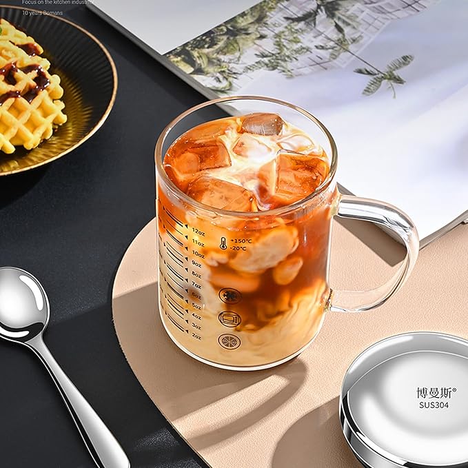 Graduated Glass Drinking Cup, High Borosilicate Glass Measuring Cup for Elderly, Beginners, Weight Loss, Straight Clear Glasses with Measurements for Water, Milk, Juice, Milkshake, Coffee (350 ml)