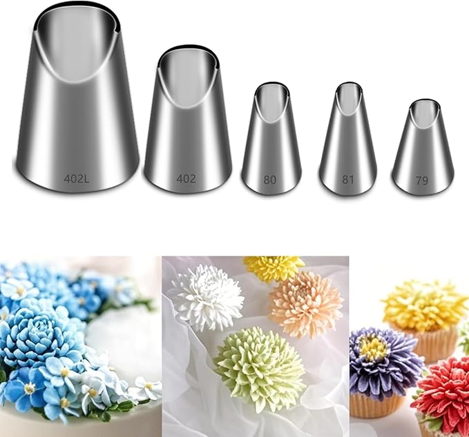 Suuker 5 Pieces Rose Flower Piping Tips Set,Stainless Steel Cake Decorating Tips, Frosting Icing Tips for Cupcakes, Cake, Cookie and Decorating（402L 402 79 80 81）
