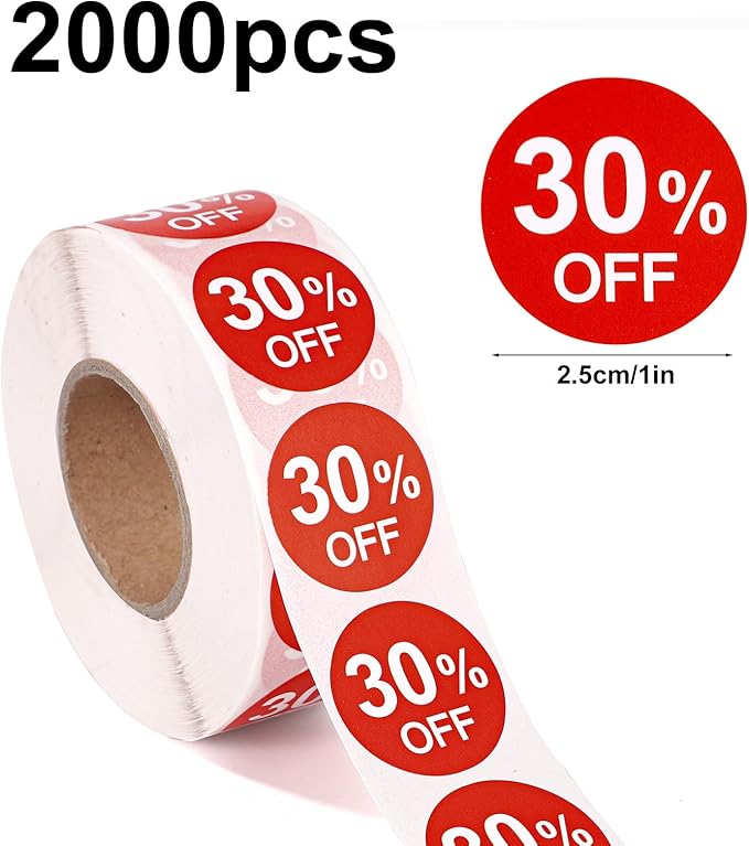 2 Rolls 30 Percent Off Discount Stickers, 1 Inch 30% Promotion Labels Round Price Markers Reduced Tags Sale Stickers for Retail Stores Supermarkets Shops (Red)