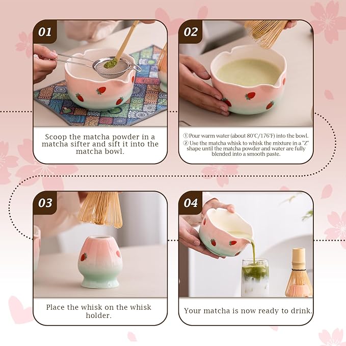 7 Pcs Matcha Whisk Set, Includes Heart Shaped Matcha Bowl with Spout, Holder And Rest, Bamboo Whisk And Scoop, Stainless Steel Sifter, Tea Towel. Complete Matcha Kit for Beginners And Gifts