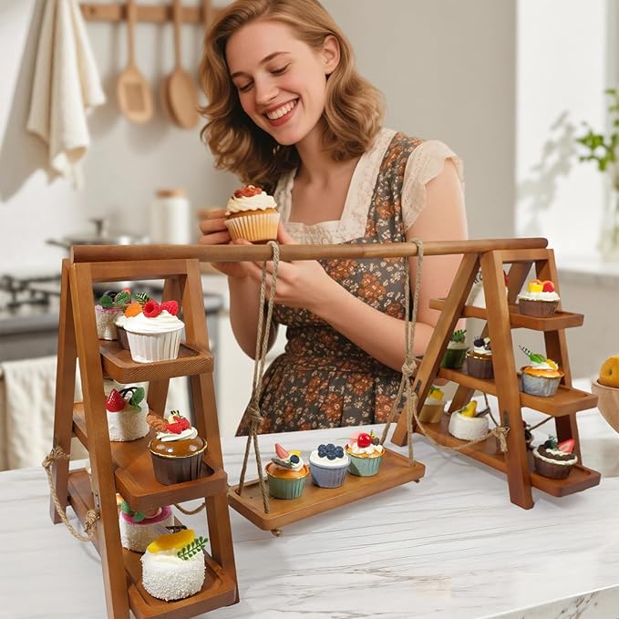 Rustic 3-Tier Cupcake Stand - Wooden Desserts Stand for Cakes,Pastries &Fruits - Removable Trays& Foldable Design-Perfect for Parties Home Events and Weddings-Ideal Gift For Party Enthusiasts