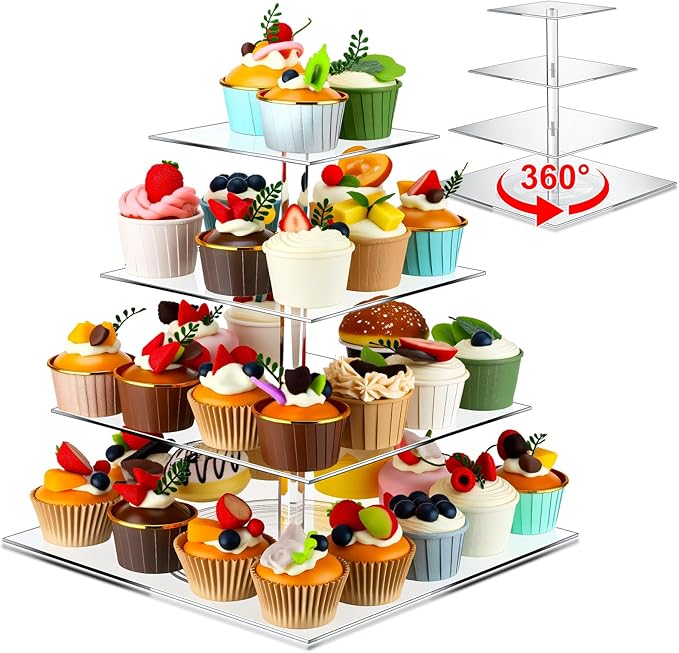 Tiered Cupcake Display Stand Rotatable Cake and Cupcake Tower Stand Combo Clear Acrylic Cake Holder with Tiered Tray for Dessert Pastry Birthday Wedding Party Table(4 Tire and Rectangle)