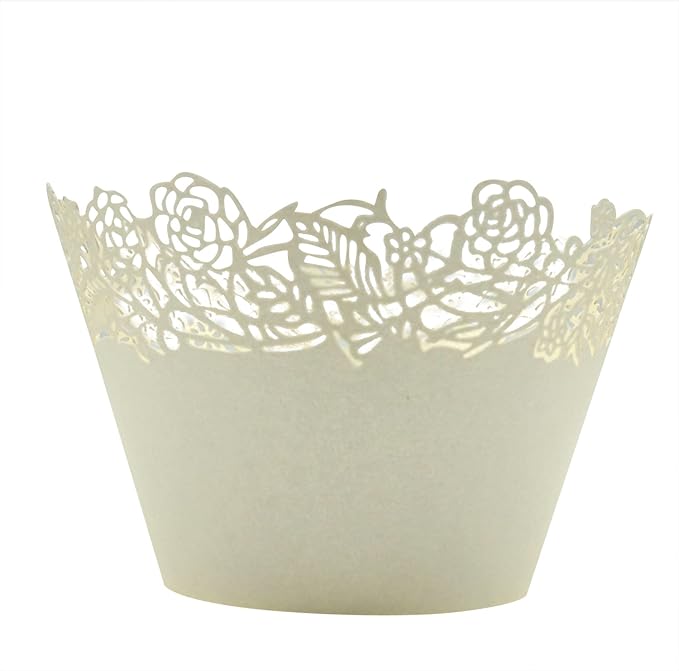 Cupcake Wrappers Pack of 50 Beige Filigree Artistic Bake Cake Paper Cups Little Vine Lace Laser Cut Liner Baking Cup Muffin Case Trays for Wedding Party Birthday Decoration -By KEIVA