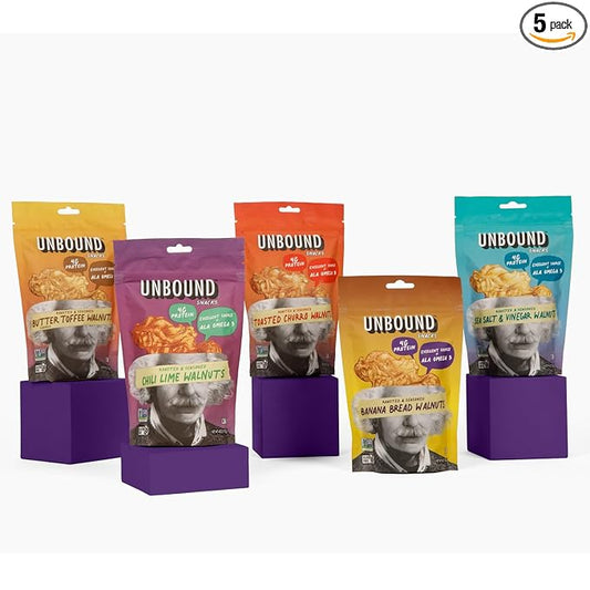 Unbound Snacks Flavored Nuts - Variety Walnuts Sampler, 4 oz (Pack of 5) - Healthy Snacks, 4g Protein, High in Omega 3, Gluten Free, Vegan - Freshly Roasted & Seasoned Gourmet Walnut Halves