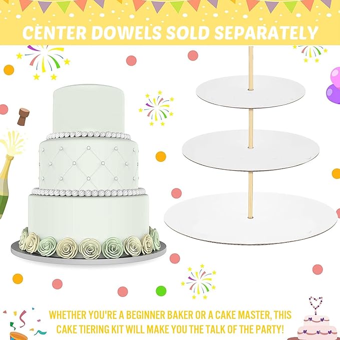 Patelai 89 Pcs Cake Tiered Stacking Kit 10,8, 6 Inch Silver Round Cake Boards with Parchment Paper Round and Plastic Dowel Rods for Stacking Support Decorating Supplies