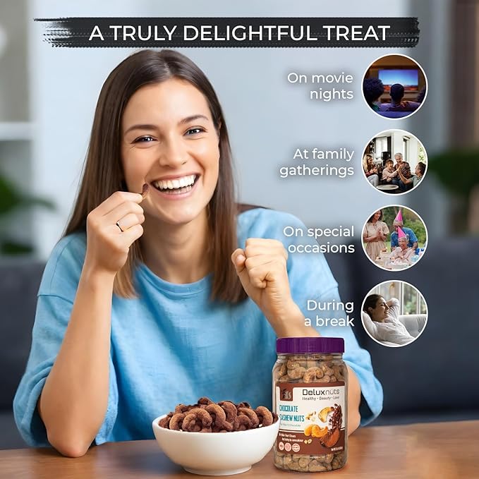 DELUXNUTS Premium Roasted Chocolate Covered Cashew Crunch 21oz | Cocoa Dusted & Chocolate Cashews Gift, Whole Cashew Nuts Snack Mix, Healthy Gourmet Snack for Adults, High Protein, Gluten-Free, Premium Holiday & Christmas Gift Idea