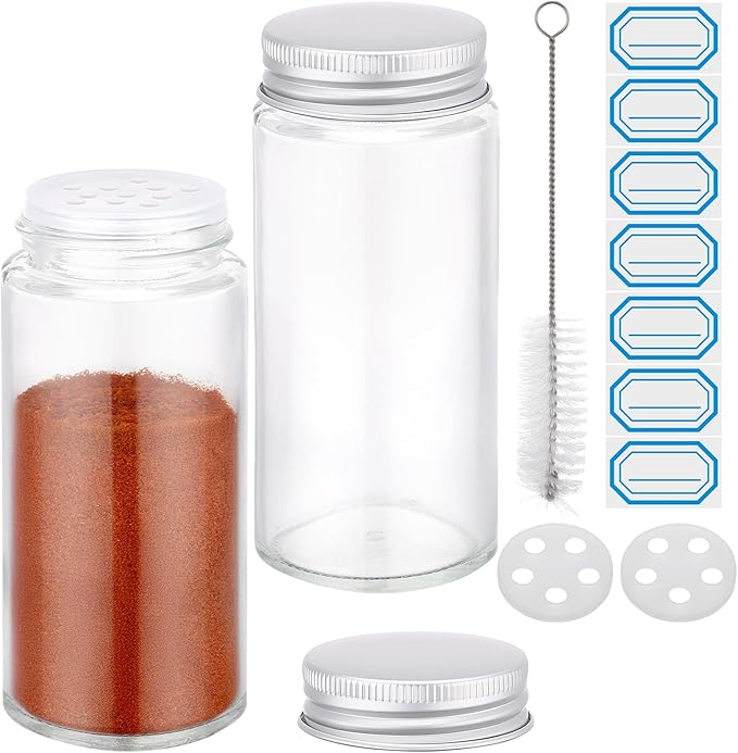 Segarty 4oz Seasoning Jars with Silver Aluminum Lid, 2 PCS 120ml Spice Jar with Labels, Empty Glass Storage Bottle for Salt Pepper Sugar Organization, Round Seasonings Shakers with 7 Stickers, 1 Brush