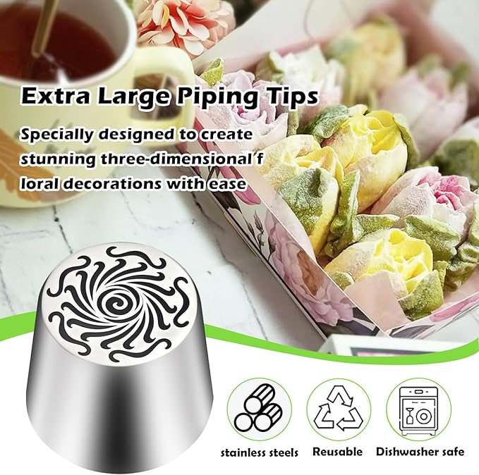 Hendiy Russian Piping Tips, Extra Large Russian Piping Tips Stainless Steel Flower Frosting Nozzles for Decorating, Cake Decorating Tips for Kitchen, LBN065