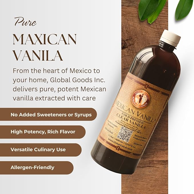 Pure Clear Mexican Vanilla Extract (33.81 fl oz)– Gluten-Free, Coumarin-Free Vanilla for Baking, Cakes, Cookies, Coffee & Desserts – Cold Pressed, Natural Vanilla
