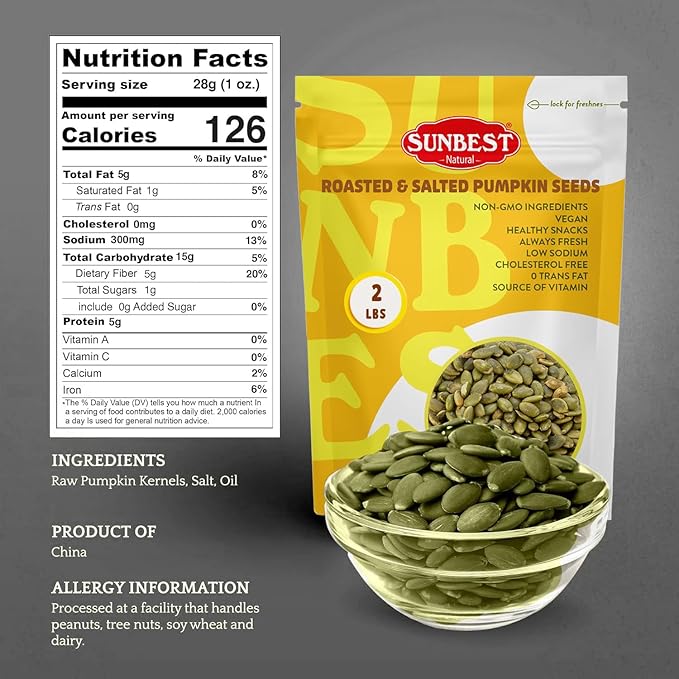 Sunbest Natural Lightly Salted Roasted Pumpkin Seeds – 2 lb Bag – Pepitas Roasted Lightly Salted – Ready to Eat, Non-GMO, Vegan, Kosher – Nutritious Snack for On-the-Go & Recipes