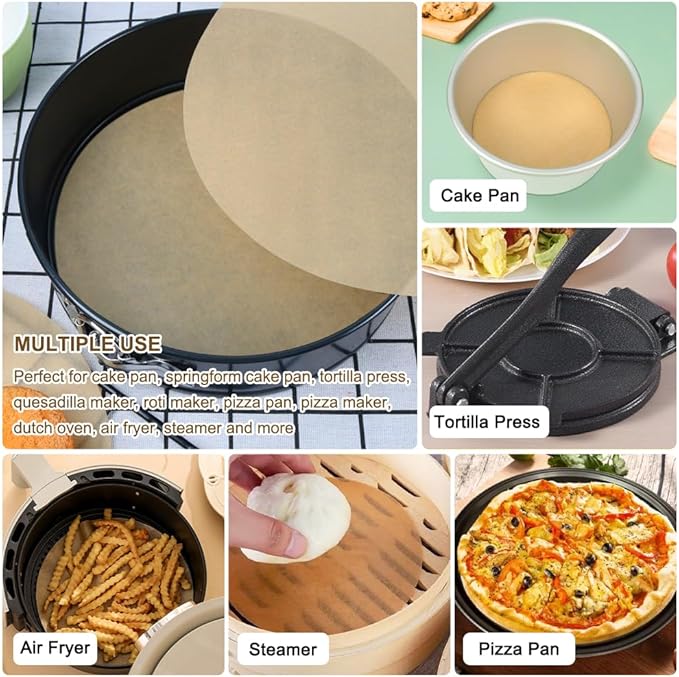 BYKITCHEN Parchment Paper Rounds, Set of 200, Non Stick 10 Inch Parchment Paper for Baking, Pre-cut Sheets Liners for Tortilla Press, Quesadilla Maker, Pizza Pan, Cake Pan, Springform Pan and More