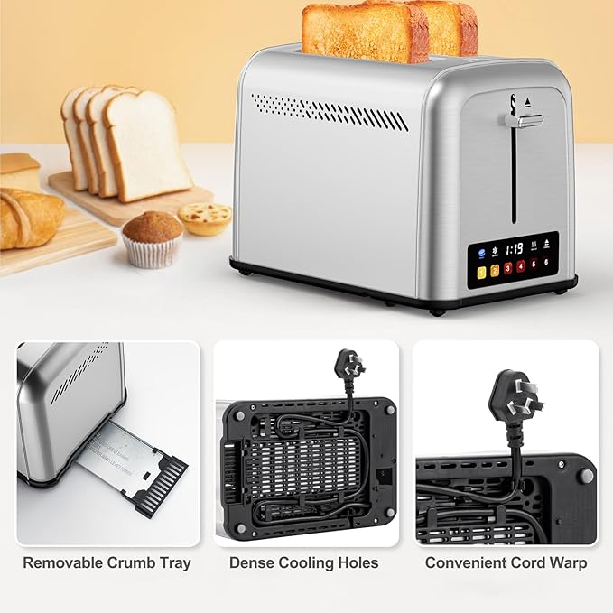 Touch Screen Toaster 2 Slice Retro Stainless Steel,Best Prime 2 Slice Toaster Wide Solt with 6 Shade Settings, Perfect for Waffles, Bagels and More 238TC(Silver)