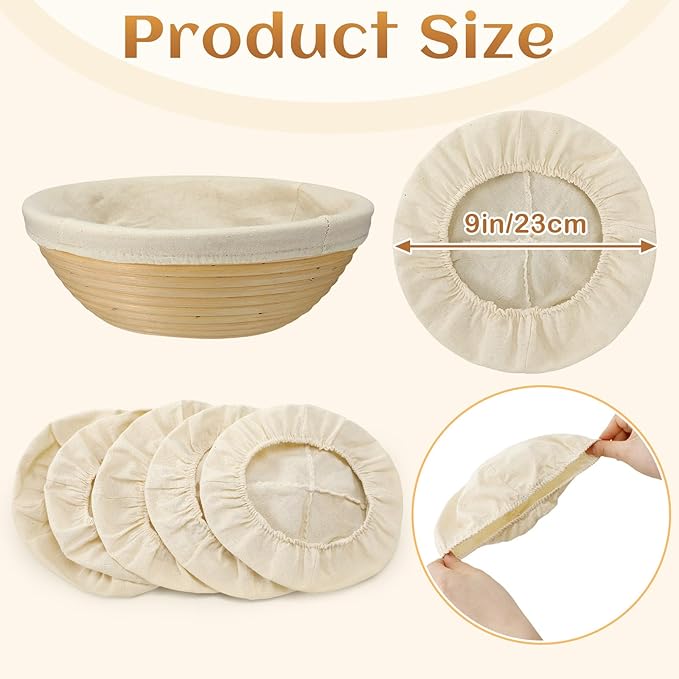 Boao 6 Pieces Bread Banneton Proofing Basket Liner Cloth Cover Natural Rattan Baking Dough Banneton Proofing Sourdough Basket Cloth Liner Bread Baking Supplies (Round,9 Inch)
