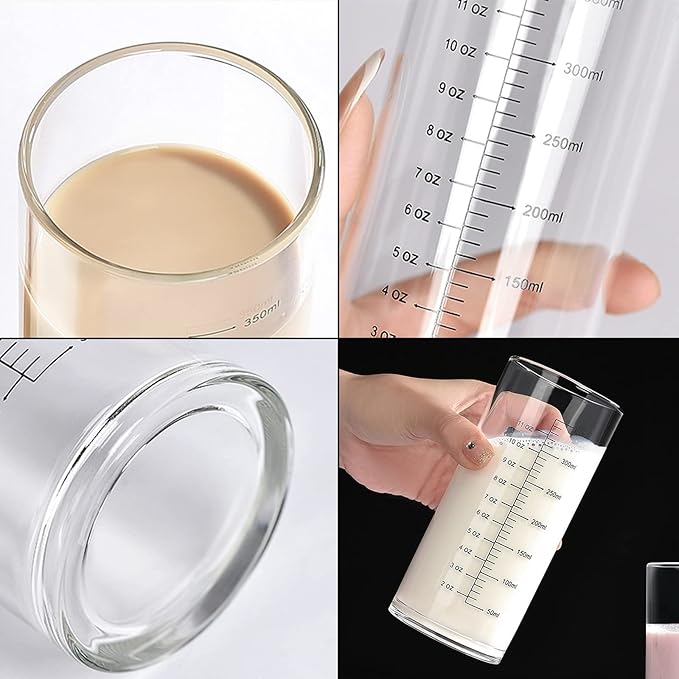 Graduated Glass Drinking Cup, High Borosilicate Glass Measuring Cup for Elderly, Beginners, Weight Loss, Straight Clear Glasses with Measurements for Water, Milk, Juice, Milkshake, Coffee (350 ml)