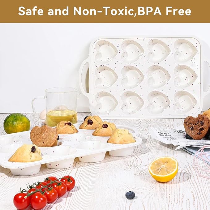 Mini Loaf Pans, Metal Reinforced Frame Silicone Mini Bread Loaf Pans 24 Cavities Nonstick for Baking Cornbread, Small Bread, Small Loaf, Brownie, Cheesecake, Cupcake (2 Pack Heart-shaped)