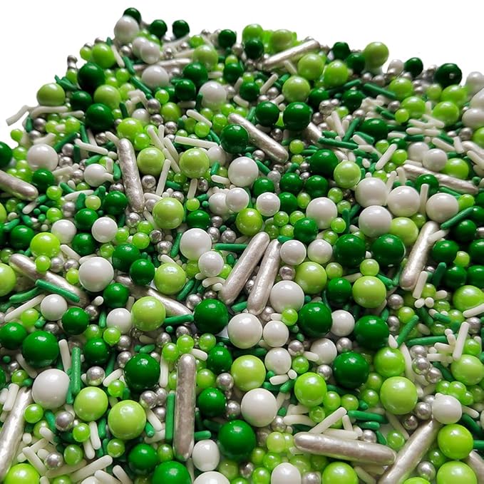 Edible Green White Pearl Sugar Sprinkles Candy Mix Size Baking Edible Cake Decorations Cupcake Toppers Cookie Decorating Wedding Party Valentine Halloween Christmas Supplies 100g/3.53oz