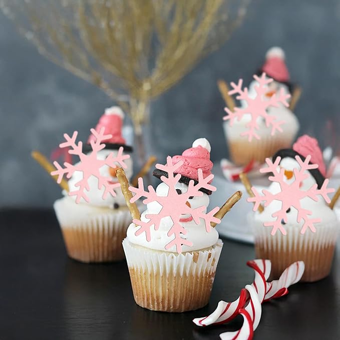 Gyufise 60Pcs Edible Snowflake Cupcake Toppers Winter Cupcake Picks Water Paper Winter Frozen Cake Decorations for Snowflake Theme Baby Shower Kids Birthday Party Supplies Pink
