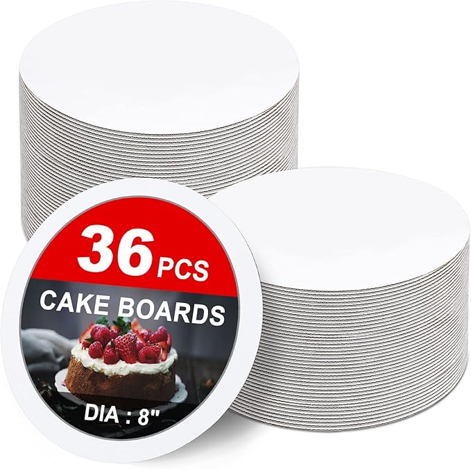 36-Packs Cake Boards 8 inch round, Cake Boards White Cake Board Rounds, White Cake Circles Rounds Base Food-Grade Cardboard Cake Plate for displaying cakes, bread, desserts（Thin and strong）