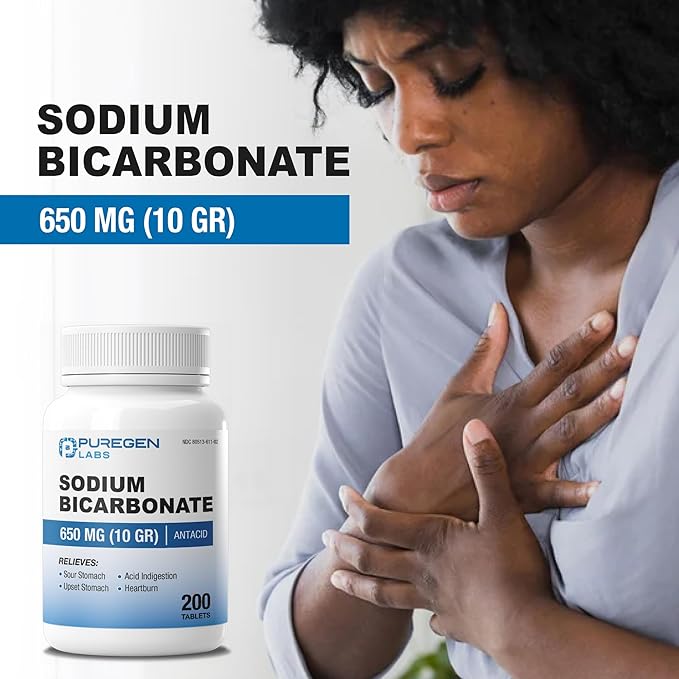 Puregen Labs Sodium Bicarbonate Tablets 650mg (10 Grains) - 200 Count | USP Grade Baking Soda Supplement, Natural Relief of Acid Indigestion, Heartburn, Sour Stomach & Upset Stomach