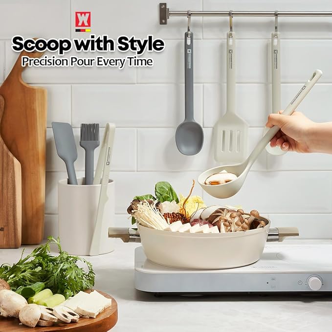 Light Gray Silicone Cooking & Serving Spoon: Cooking Utensil with Heat Resistant, Non-stick Cookware Safe, Gentle Head Design, BPA Free (12.60inch x 3.15inch)