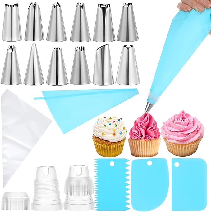 Piping Bags and Tips Set, Cake Decorating Kit with 12 Piping Tips, 10 Clear Bags, 3 Scrapers, 1 Reusable Bag, 1 Converters, Baking Tools for Frosting Cookie Icing Cake Cupcake