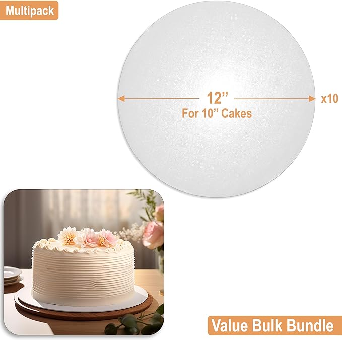 BOARDS+ 1/4" Cake Drum 12 Inch (10 Pack) | 0.25" Thick CakeBoard Rounds | Sturdy, Seamless & Greaseproof Cake Circles For Presenting Heavy Cakes