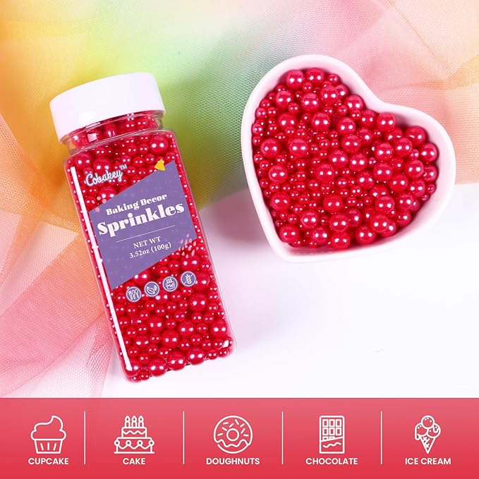 Christmas Red Sprinkles for Cake Decorations 3.52 ounce Edible Pearl Sprinkles for Cupcake Toppers Wedding Party Patriotic Valentines Halloween Christmas Holiday Supplies