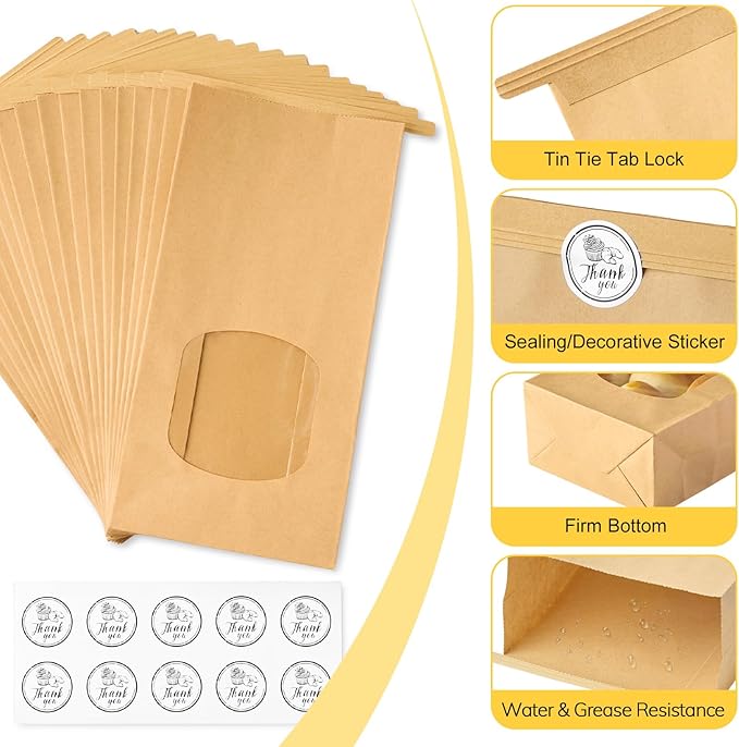 Ocmoiy 100Pcs Medium Bakery Cookie Bags with Window, 4.5x2.36x9.6 Inch Tin Tie Tab Lock Kraft Paper Bags with Thank You Stickers for Cookie, Coffee, Bread