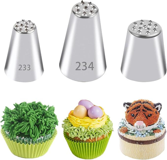 3Pcs Grass Piping Tips, Stainless Steel Grass Tips for Cake Decorating Grass Icing Tips Cake Decorating Supplies for Cupcakes Decoration DIY Baking (233 234 M24)