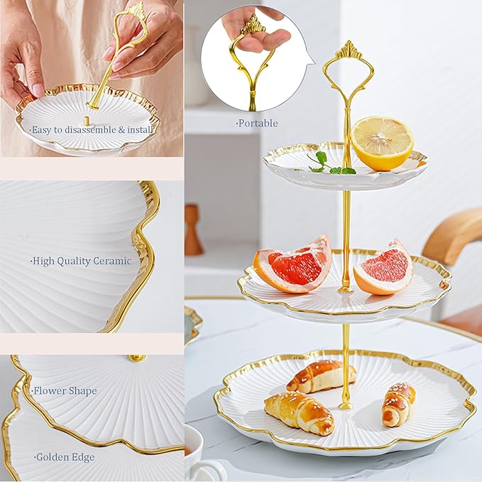 3 Tier Porcelain Serving Tray with Elegant Floral Gold Trim - Embossed Food Grade Tiered Cupcake Stand - Serving Stand for Parties & Weddings & Baby Showers