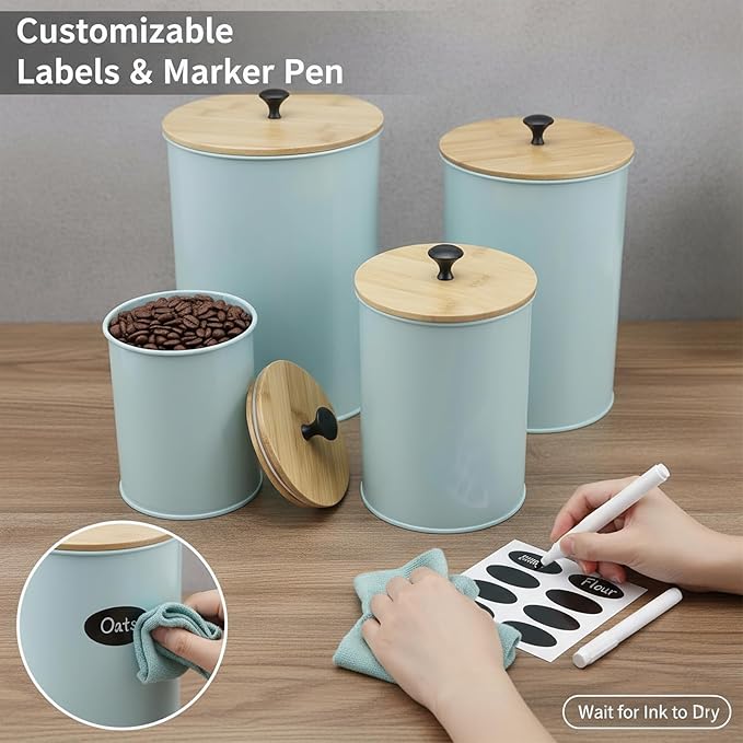 Kitchen Canisters for Countertop Set of 4 with Customizable Chalkboard Labels & Marker Pen - Big Iron Kitchen Canisters with Airtight Lids - Sage Green Canister Set - Flour and Sugar Containers