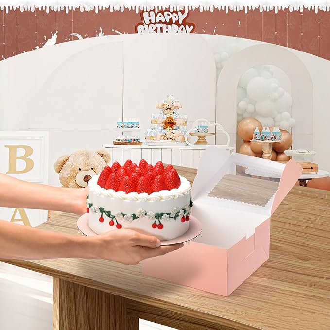 32Pcs 10 Inch Cake Boxes With Boards (16Pcs Pink, 16Pcs Boards), 10x10x5 Inch Bakery Boxes With Window, Carrier Container for Birthday Party, Wedding