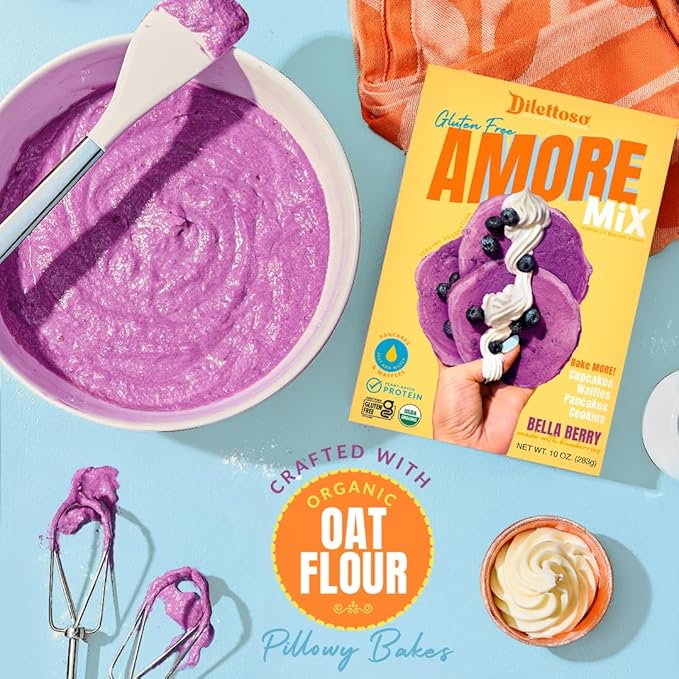 Dilettoso's Organic Gluten-Free Oat Flour Baking Mix | Wild Blueberry | Pancakes, Waffles, Cupcakes, Brownies, and Cookies | 10oz AMORE Mix (1 Box)