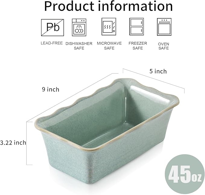 HVH Ceramic Loaf Pan for Baking Bread, Rectangular Baking Bread Loaf Pan, 9 x 5 inch Bread Pan, Bread Baking Pan for Cooking, Wave Series, Farmhouse Style (Turquoise)