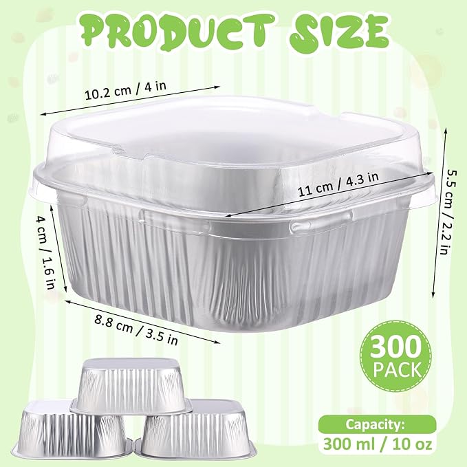 Aoriher 300 Pieces 10 oz Mini Cake Pans with Lids, Aluminum Foil Baking Cups, Square Disposable Cupcake Cups Baking Tins for Wedding Birthday Party Supplies(Silver)
