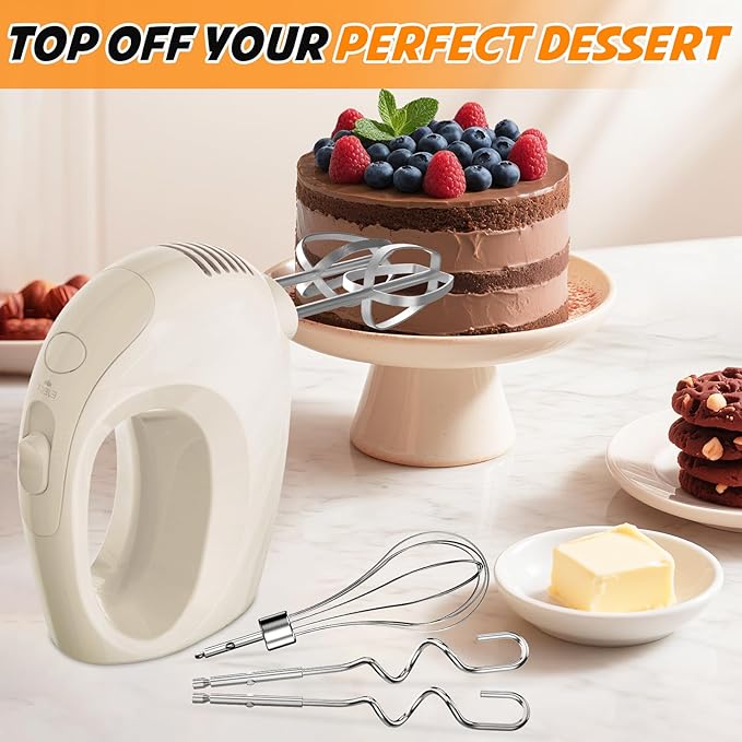 Handmixer Electric Handheld - 5 Speed Portable Kitchen Mixer Electric with 5 Stainless Steel Accessories Whisk, Food Beater for Whipping Mixing Cookies(Ivory)