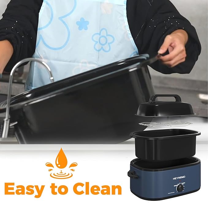 HEYNEMO Roaster Oven 22Qt, 1450W Electric Turkey Roaster Oven Buffet with Self-Basting Lid, Cool-Touch Handles, Removable Pan and Rack, Stainless Steel, Blue