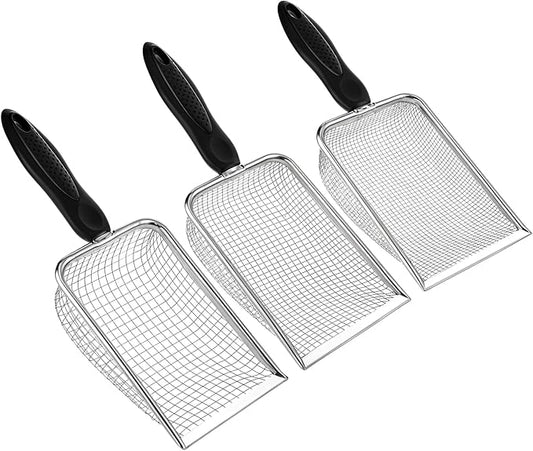 3 Pcs Gardening Soil Sifter 2.8/3.8/5 mm Mesh Garden Sand Compost Sieves Scoop Garden Shovels with Handle for Rocks Dirt Compost Filtration Planting Tool Accessories Supplies Stainless Steel