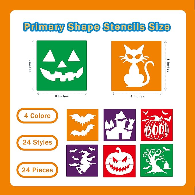 24 Pieces Stencils,Large Drawing Stencils Chalk Template,8 Inches Washable Shape Template Kit for Crafts,Painting Drawing (Halloween, 8 inch)