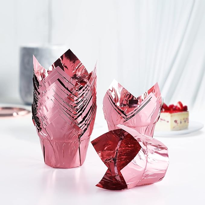 Party Hippo Gold Tulip Cupcake Liners 100 Pcs Baking Paper Cups Holders Greaseproof Muffin Cases Wrappers for Wedding Birthday Party Baby Shower (Rose Gold)