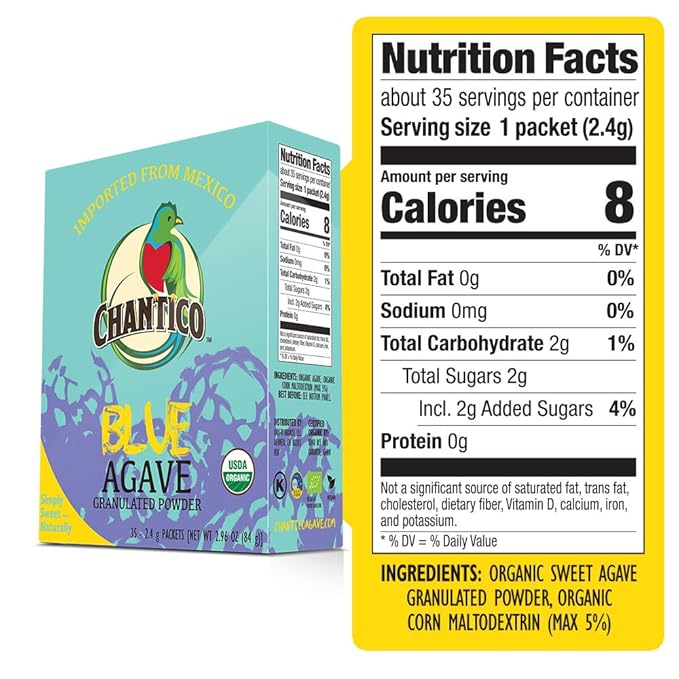 Chantico Agave Sweet Organic Granulated Agave Powder, 35 Sachets convenient pack, single serving sweetener packs, low Glycemic Index, good with tea, coffee and baking